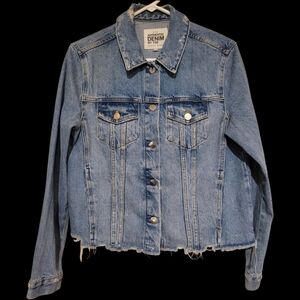 Zara Authentic Denim By TRF Jean Jacket Distressed Pockets Womens Large Cotton